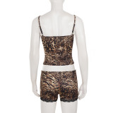 Leopard Print Lace Patchwork Two Piece Short Set GPKJ-MR49217