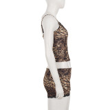 Leopard Print Lace Patchwork Two Piece Short Set GPKJ-MR49217