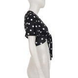 Polka Dots Print Tie Up Short Sleeve Top GPKJ-MR49044