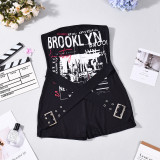 Letter Print Patchwork Tube Top Romper GFRT-32893JBY