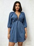 V Neck Puff Sleeve Denim Mini Dress GADE-6756