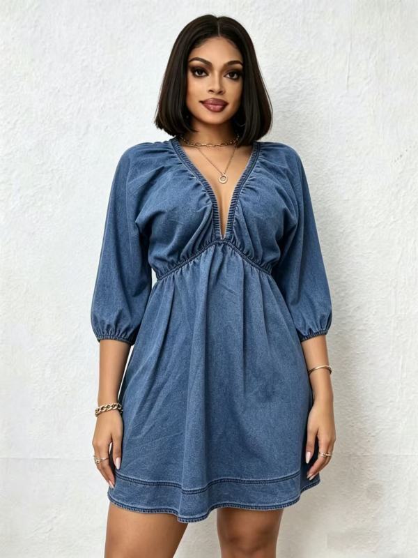 V Neck Puff Sleeve Denim Mini Dress GADE-6756