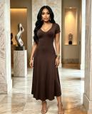 Short Sleeve V Neck Solid Maxi Dress GADE-103581