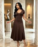 Short Sleeve V Neck Solid Maxi Dress GADE-103581