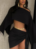 Solid Color Slash Shoulder Two Piece Skirts Set QYMF-M127