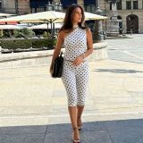 Polka Dots Print Slash Shoulder Two Piece Pants Set SHD-9983