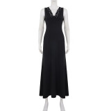 Lace Patchwrok V Neck Tie Up Maxi Dress GPKJ-MR46968