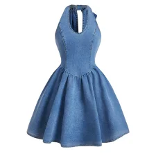Fashion Denim Bow Tie Halterneck  Mini Dress GDAM-208908