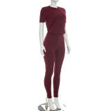 Solid Color Short Sleeve T Shirt Pants 2 Piece Set GDSF-D26ST129