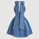 Fashion Denim Bow Tie Halterneck  Mini Dress GDAM-208908