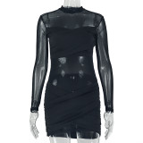 Mesh Long Sleeve Ruched Mini Dress GJYO-JD305329