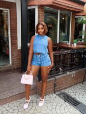 Cherry Embroidery Sleeveless Denim Two Piece Shorts Set GADE-6753