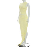Solid Color Sleeveless Ruched Two Piece Skirts Set  GSZM-Y26ST221