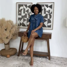 Bow-Tie Denim Short Sleeve Mini Dress GADE-6731