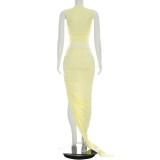 Solid Color Sleeveless Ruched Two Piece Skirts Set  GSZM-Y26ST221