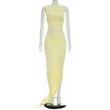 Solid Color Sleeveless Ruched Two Piece Skirts Set  GSZM-Y26ST221