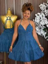 Fashion Sling Deep V Neck Denim MIni Dress GMYU-6769