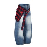 Plus Size Plaid Print Washed Straight Jeans GYLN-0738