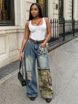 Plus Size Camouflage Print Patchwork Holes Jeans GYLN-0513