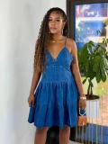 Fashion Sling Deep V Neck Denim MIni Dress GMYU-6769