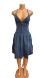 Fashion Sling Deep V Neck Denim MIni Dress GMYU-6769