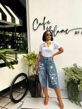 Plus Size Graffiti-print Washed Seventh Jeans GYLN-2242