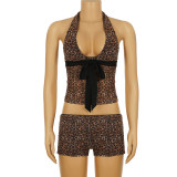 Leopard Print Halterneck Tops Short 2 Piece Set GPKJ-MR48849