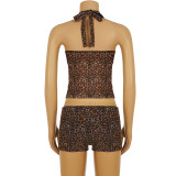 Leopard Print Halterneck Tops Short 2 Piece Set GPKJ-MR48849