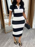 Stripe Color Block Short Sleeve Midi Dress HNIF-JP024
