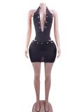 Deep V Neck Hollow Out Bodysuit Two Piece Skirts Set GTGE-MH1011