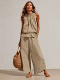 Solid Color Sleeveless Two Piece Pants Set GRNH-28896