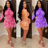 Mesh Print Long Sleeve Mini Dress YD-1175