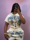 Casual Print Hooded Two Piece Shorts Set YD-8863