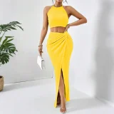 Press Pleated Halterneck Top Split Long Skirt Suit HNIF-YM063