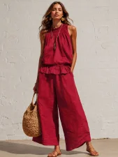 Solid Color Sleeveless Two Piece Pants Set GRNH-28896