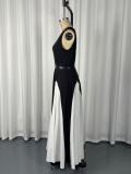 Single Shoulder Contrast Color Split Maxi Dress GWDS-260404
