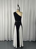 Single Shoulder Contrast Color Split Maxi Dress GWDS-260404