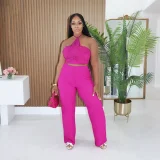 Solid Color Halterneck Two Piece Pants Set CYA-902385