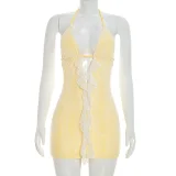 Sexy Solid Color Hollow Out Lace Mini Dress GSZM-C26DS193