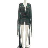 Mesh Deep V Neck Print Mini Dress GSZM-J26DS170