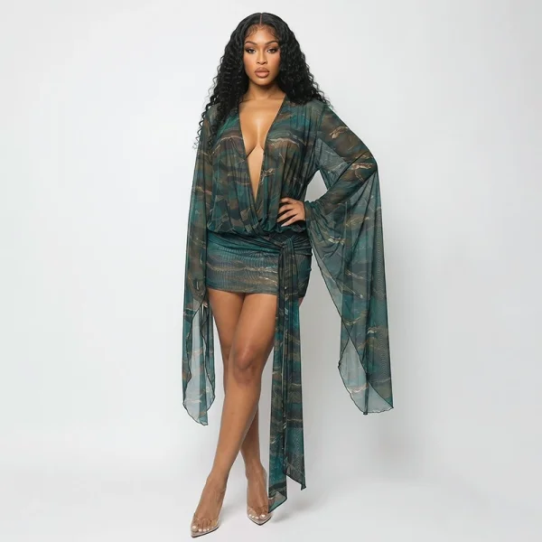Mesh Deep V Neck Print Mini Dress GSZM-J26DS170