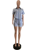 Stripe Color Block Shirt Two Piece Short Set QODY-6075