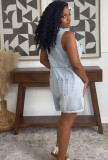 Plus Size Loose Lapel Sleeveless Denim Romper GAKF-60601