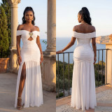 Off Shoulder Solid Color High Split Maxi Dress GFYX-7661