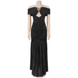 Off Shoulder Solid Color High Split Maxi Dress GFYX-7661