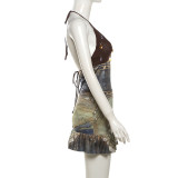 Halterneck Backless Print Two Piece Skirts Set XEF-K24S48837