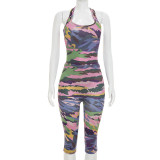 U-neck Painted Print Bodysuit Seventh Pants 2 Piece Set MXBF-J26ST195