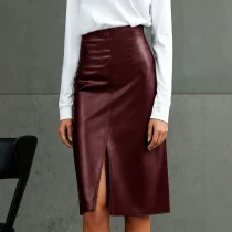 High Waist PU Leather Split Mid-Skirts GPBY-SK8216