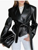 Long Sleeve Tie Up Leather Coat GPBY-CT8221