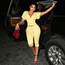 Deep V Neck Ruched Top Two Piece Pants Set MXBF-J26ST224